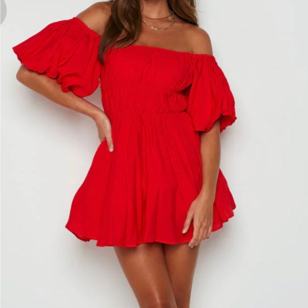 Beginning Boutique Red paradise puff sleeve dress